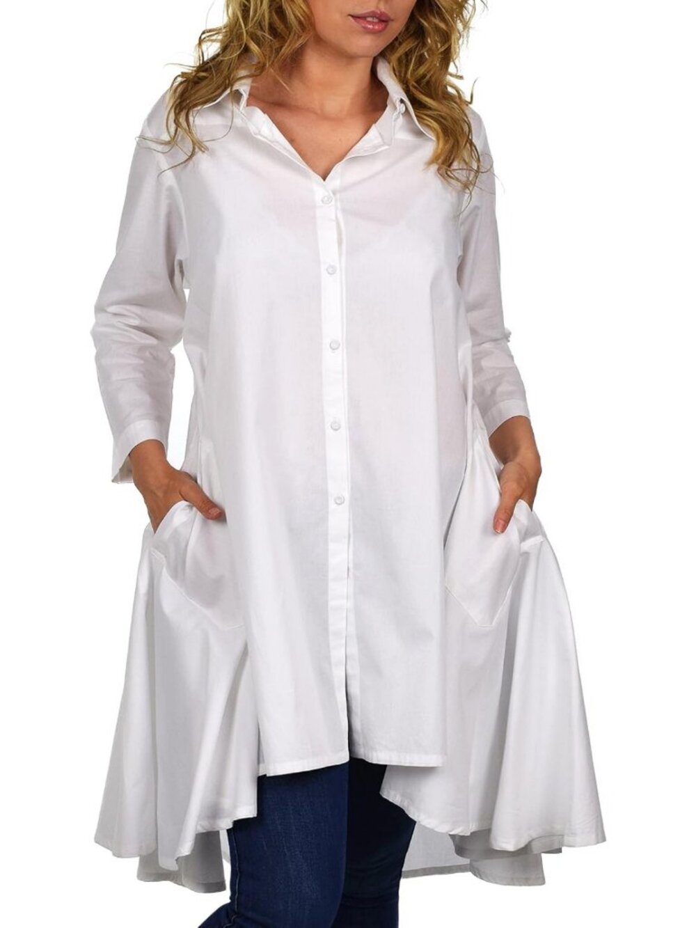 Stylish Hi Low Button Down A-Line Swing Dress Top | Reg & Plus Sizes Available